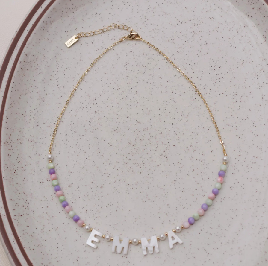 Personalized Kids Name Necklace, Mother of Pearl Letters, 18K Gold Filled