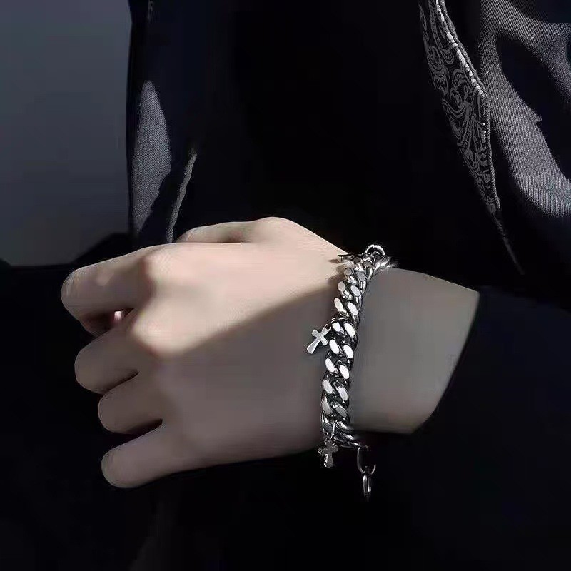 Silver Titanium Steel Alloy Thick Cuban Bracelet Charms Unisex Wrist Jewelry