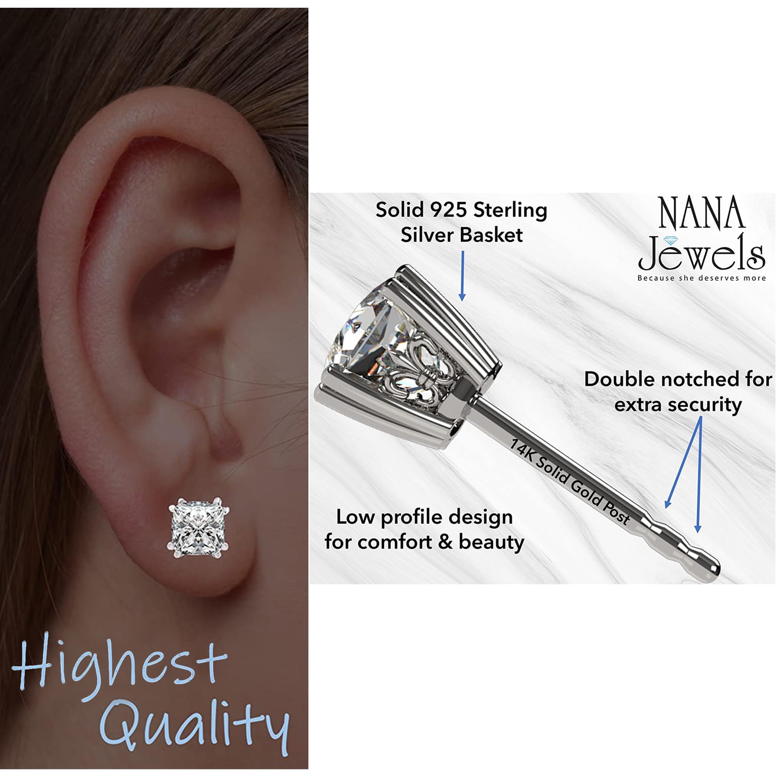 0.75-4.00ctw Asscher Cut Zirconia Stud Earrings Silver & 14K Post Hypoallergenic