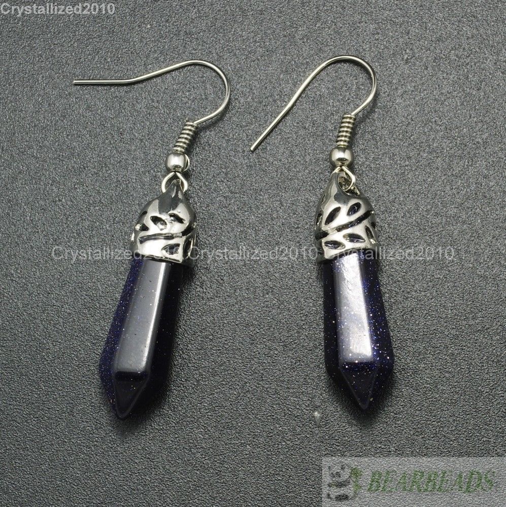 Natural Gemstone Hexagonal Pointed Reiki Chakra Healing Beads Silver Earrings