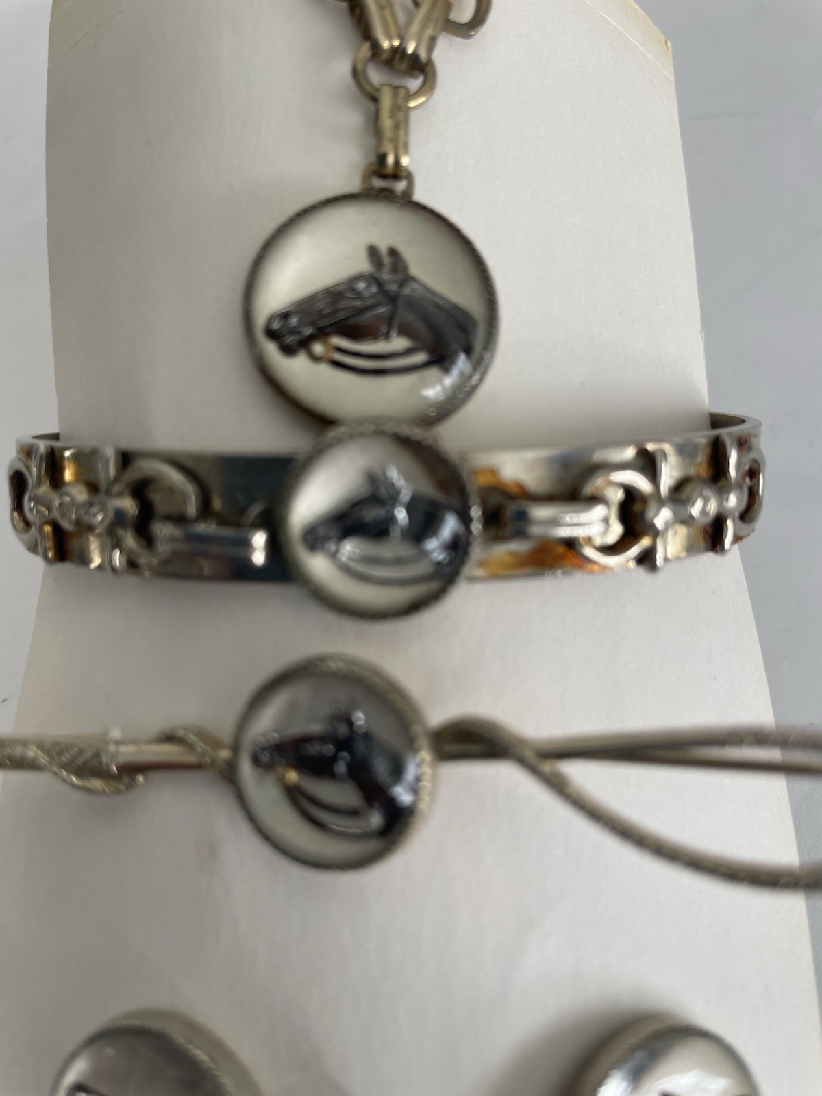 lot of 4 piece set equestrian jewelry concave glass reveres hand painted pendant
