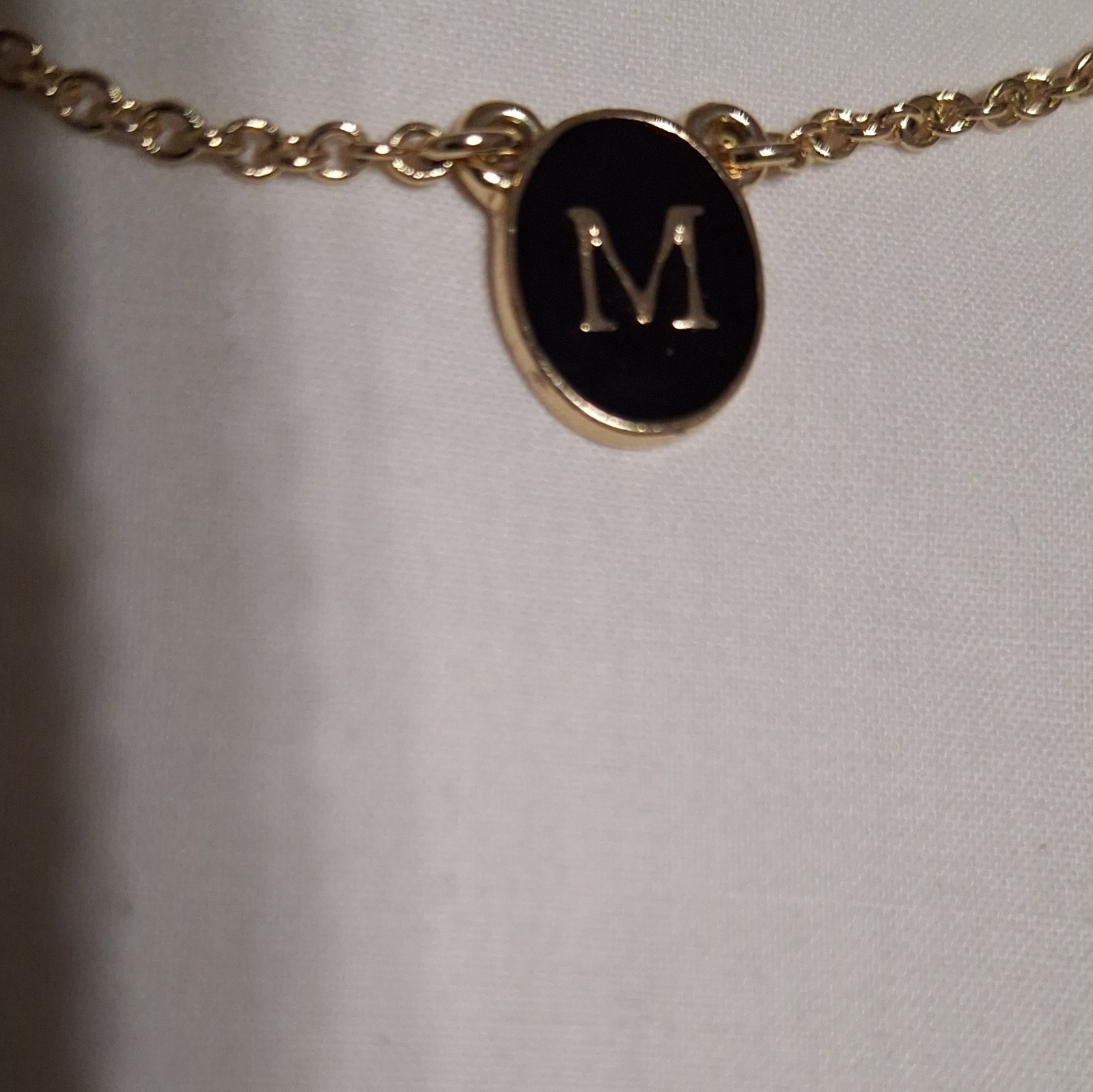 Gold Tone Cable Chain Necklace Black Round Letter M Pendant Adjustable Lobster