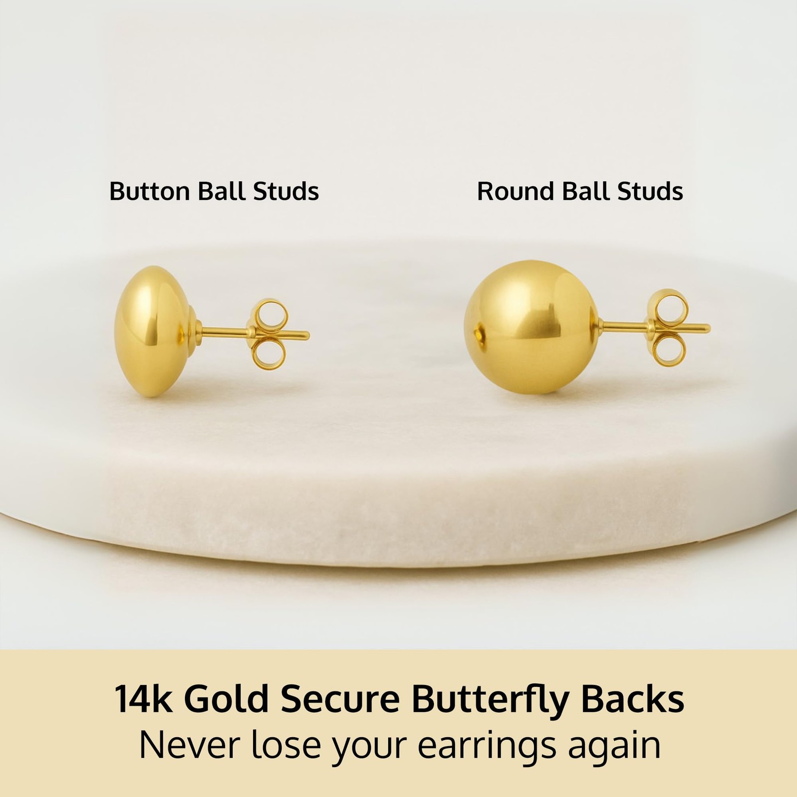 Solid 14k Yellow Gold Half Button Earrings with Gold Butterfly Back 4MM-8MM