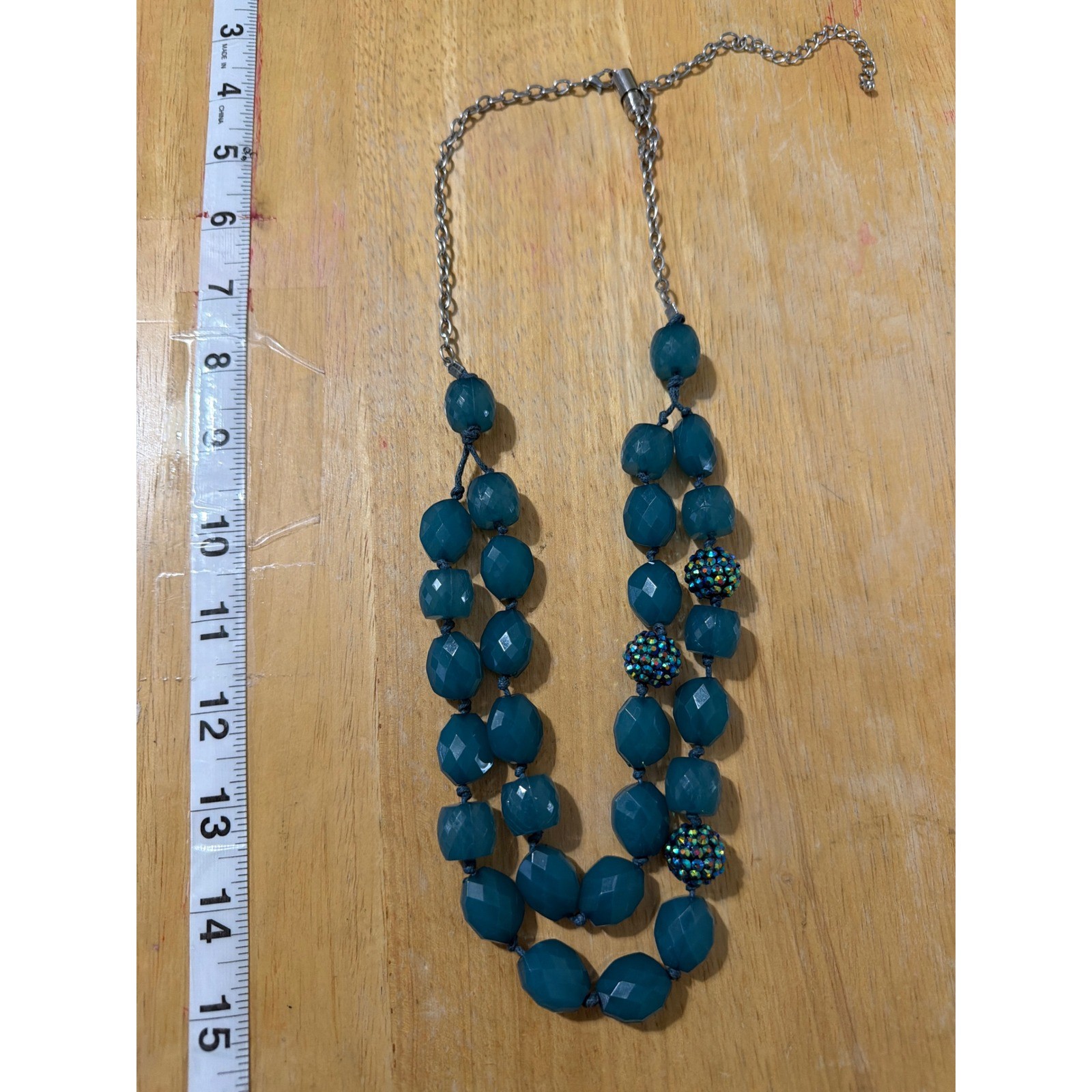 Teal Double Strand Chunky Beaded Statement Necklace Disco Ball Layering