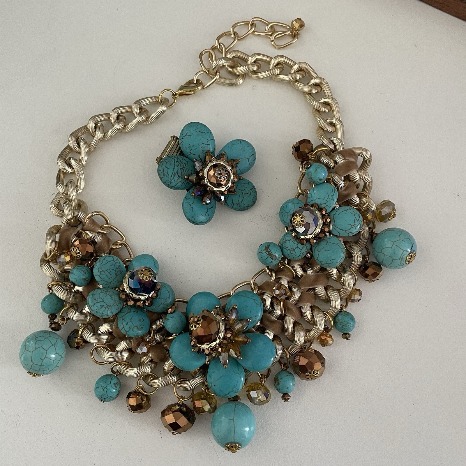 SOUTHWESTERN HOWLITE CRYSTAL FLORAL 16″ STATEMENT NECKLACE BIB CHOCKER WITH RING