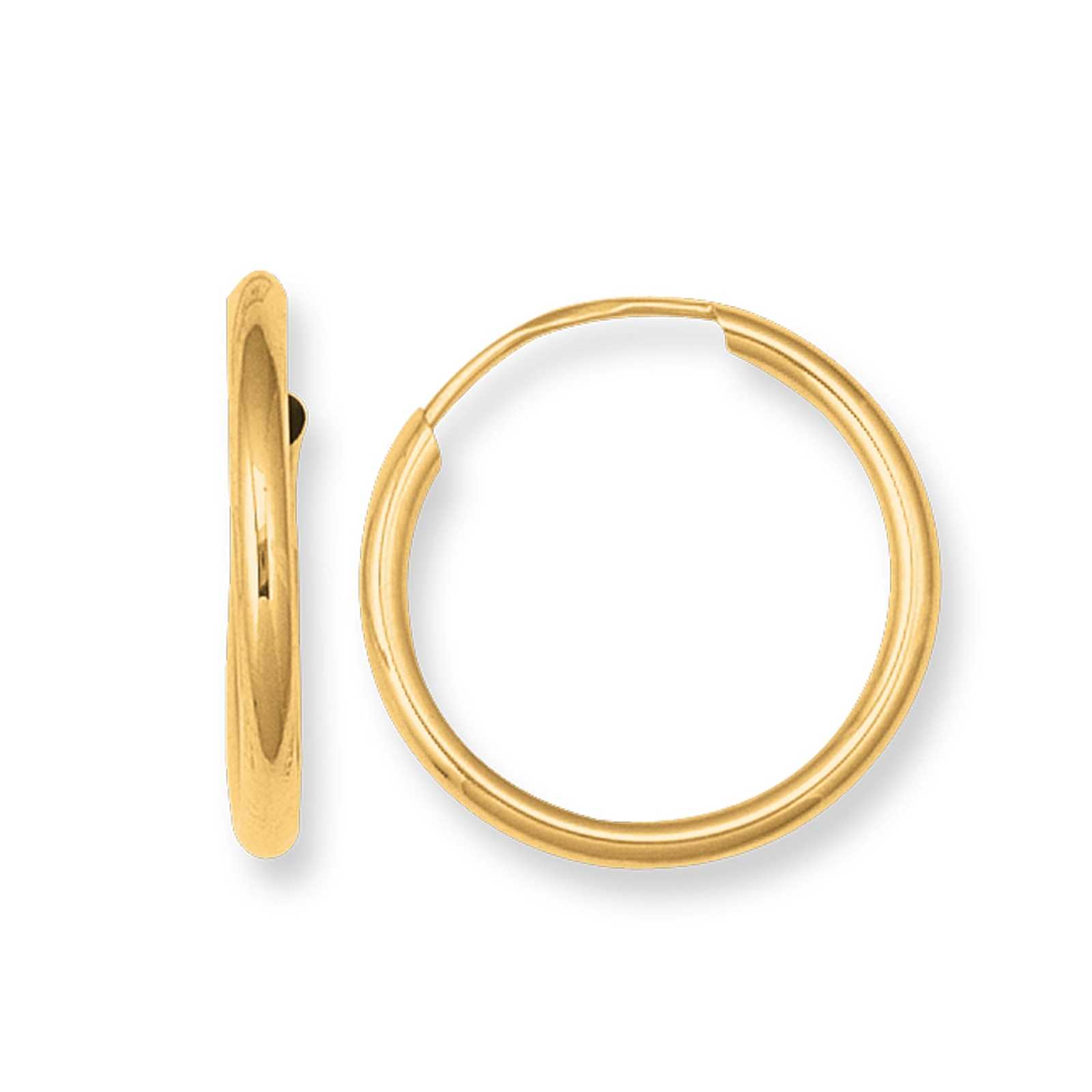 10k Yellow Gold Shiny Endless Round Hoop Earrings, Diameter 15mm