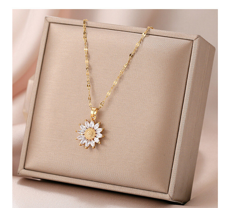 Women’s Fashion Jewelry Gold Cubic Zircon Sunflower Pendant Necklace 1-96