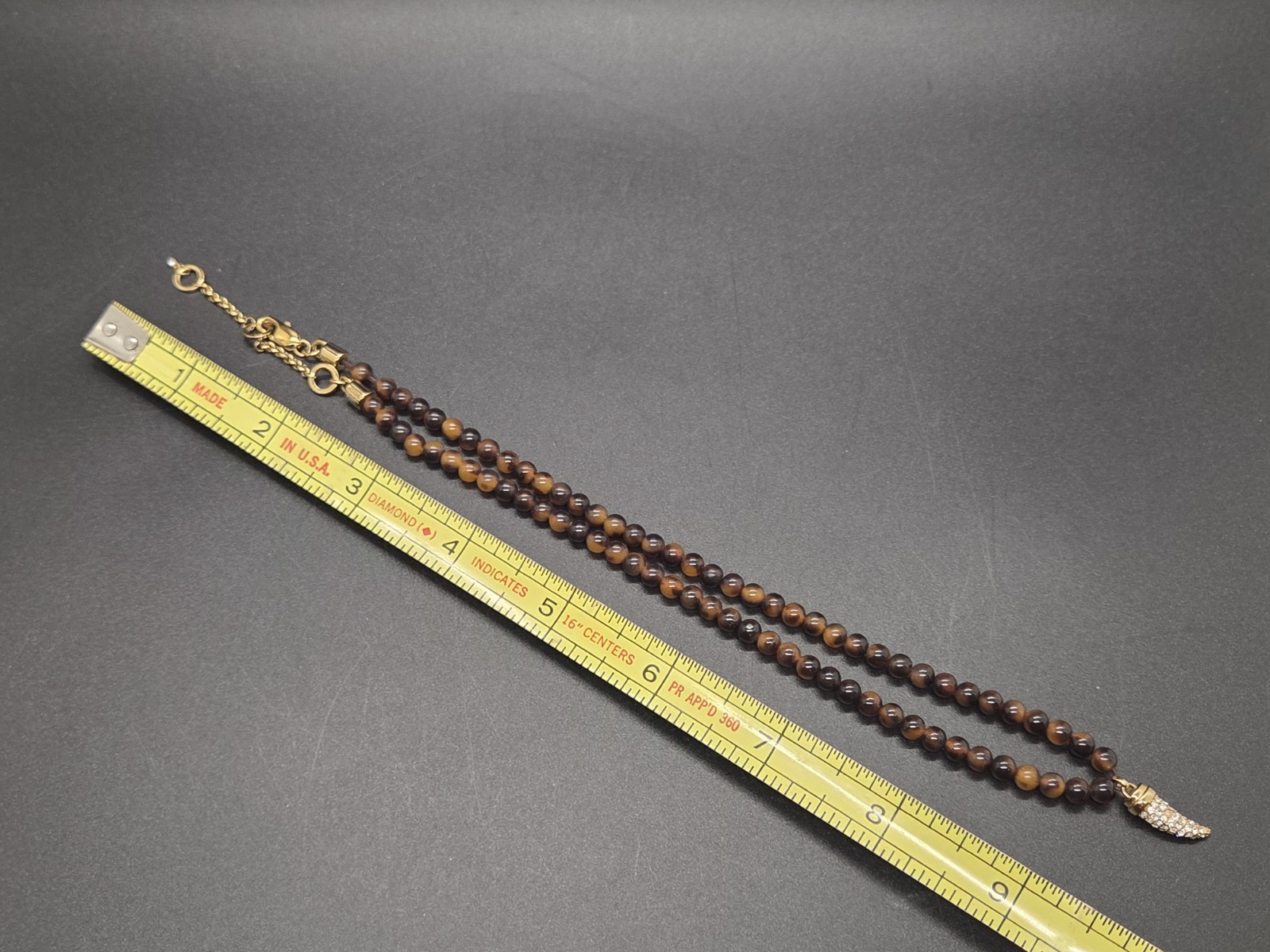 BaubleBar Tiger’s Eye Beaded Necklace Gold Tone Pavé Horn Crescent Pendant 18″