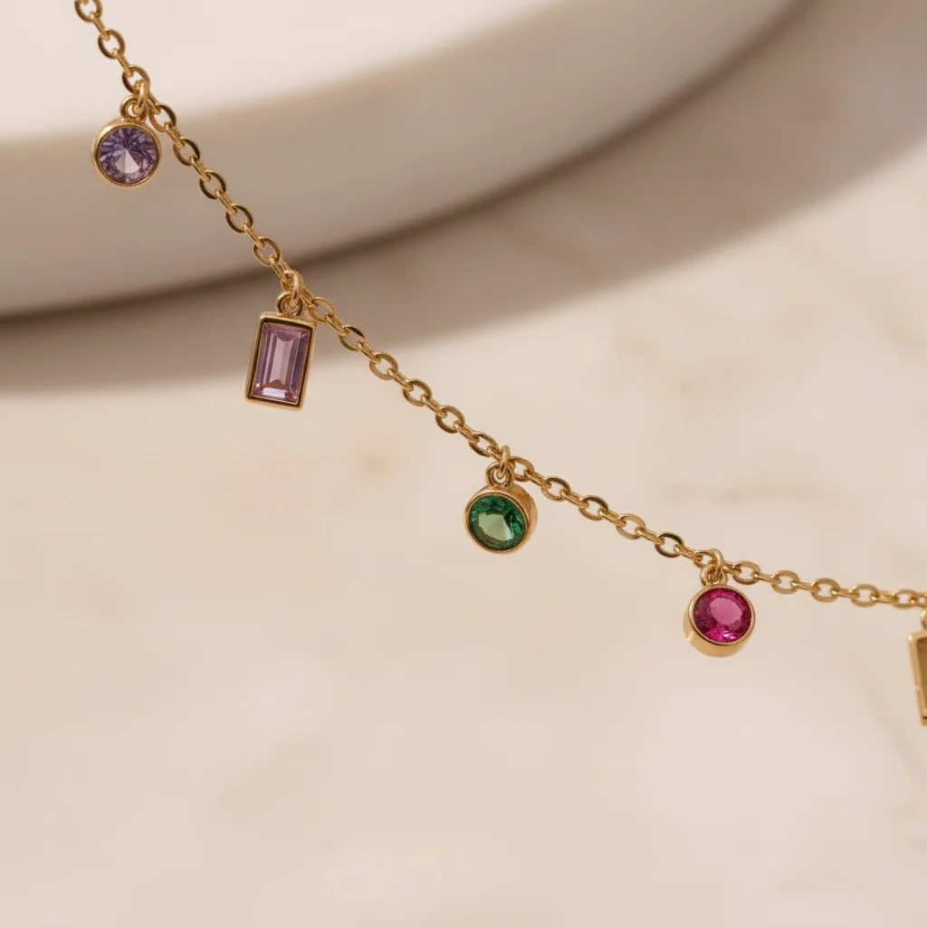Multicolor Gemstone Necklace Gold Charm Necklace |Stainless Steel Layering Chain