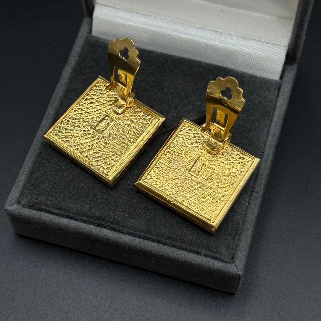 Yves Saint Laurent Earrings YSL Square Engraving Vintage Gold Tone From Japan