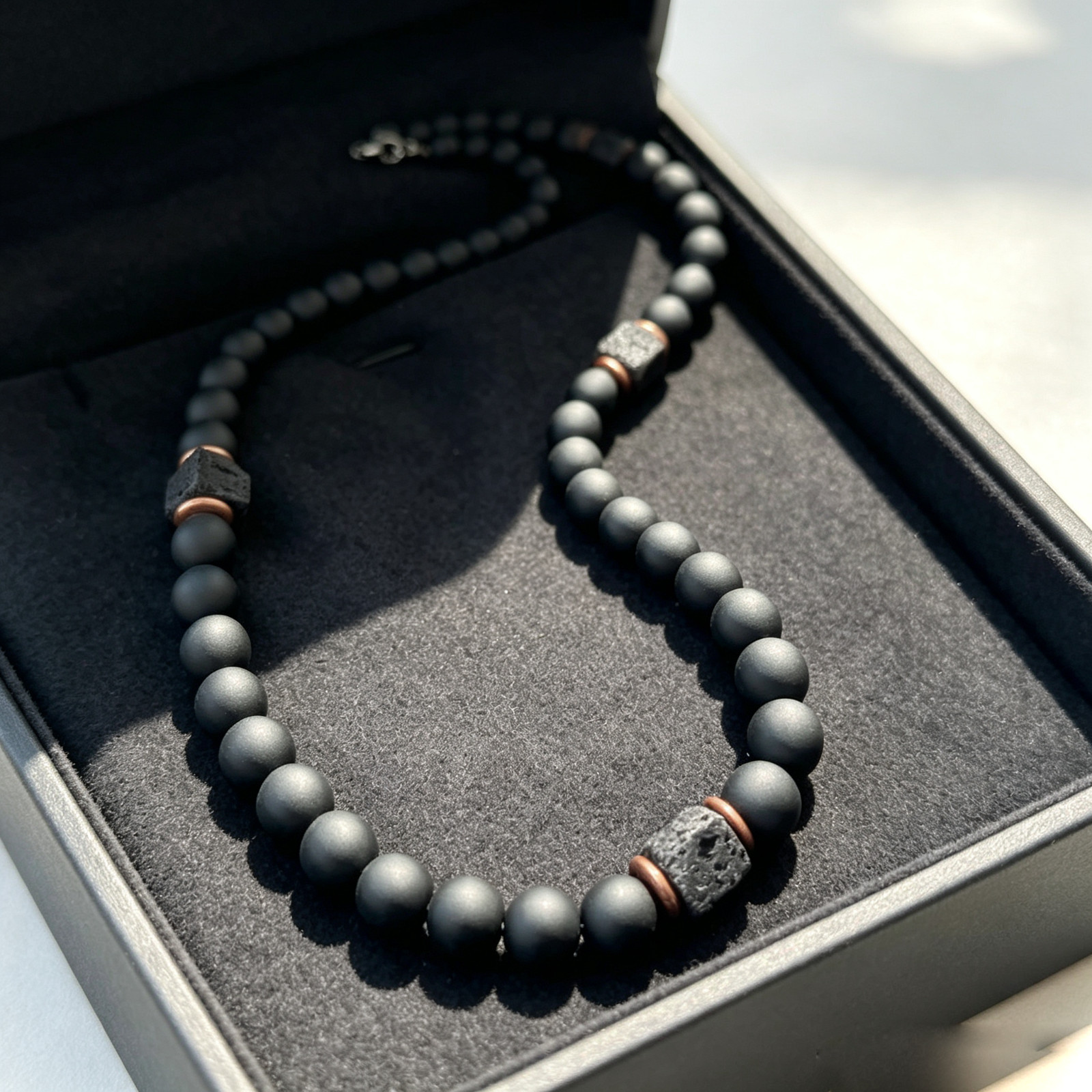 Matte 8mm Beads Black Onyx Men’s Necklace Cube Lava Stone Healing Reiki Crystal