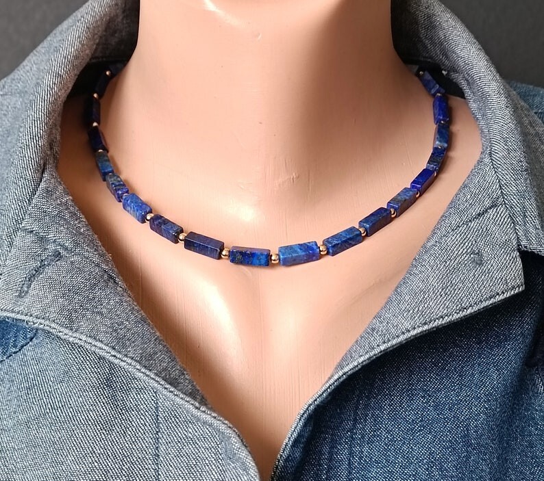 Natural Lapis Lazuli Smooth Rectangle Gemstone Beads Gold Filled Necklaces 18”