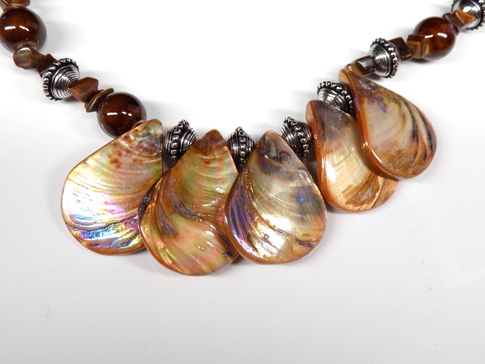 Tiger’s Eye Bib Necklace Brown Iridescent Shell Silver-Tone Lobster Clasp Beads