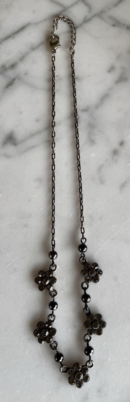 Smokey Crystal 1/2” Flower Floral Gunmetal Necklace 16 1/2” Adjustable Length