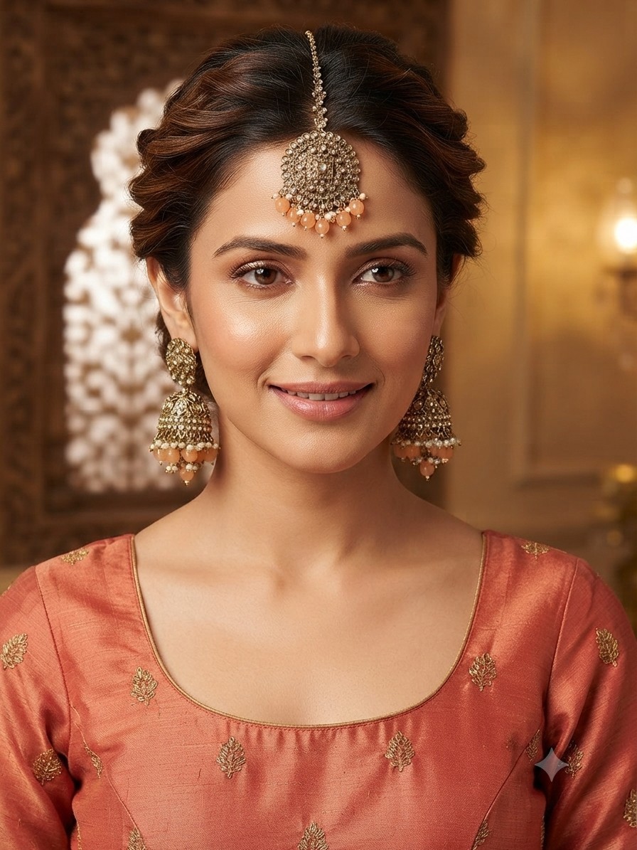 Ethereal Peach Jhumka & Maang Tikka Set