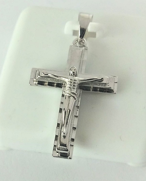 Rhodium Plated 925 STERLING SILVER RELIGIOUS Cross CRUCIFIX Pendant 29x18mm