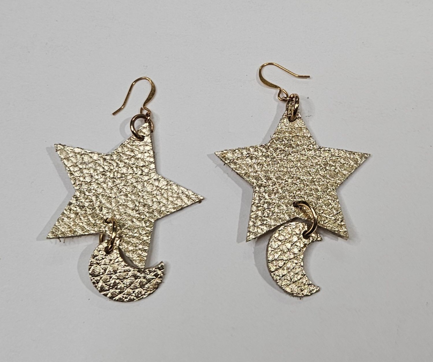 Goldtone Pebbled Faux Leather Star and Crescent Moon Dangle Earrings 2.25 inches