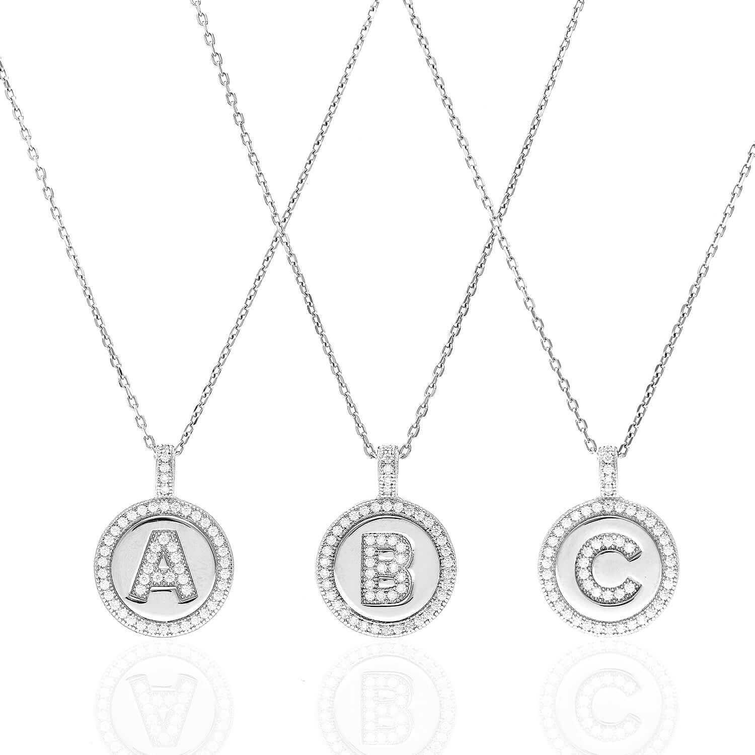 925 Sterling Silver Initial CZ Disk Medallion Pendant Necklace 18″