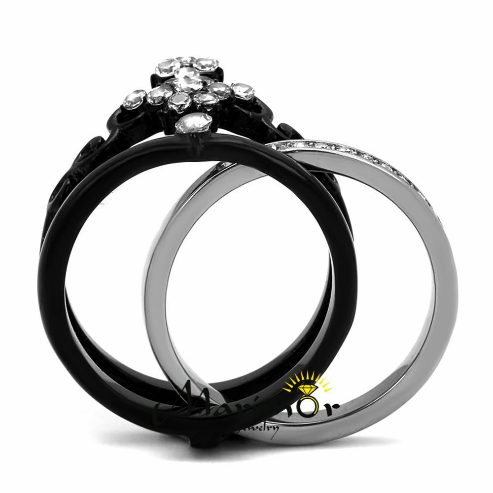 Women’s Black Ion Plated Stainless Steel CZ Crown Wedding Ring Band Set Sz 5-10