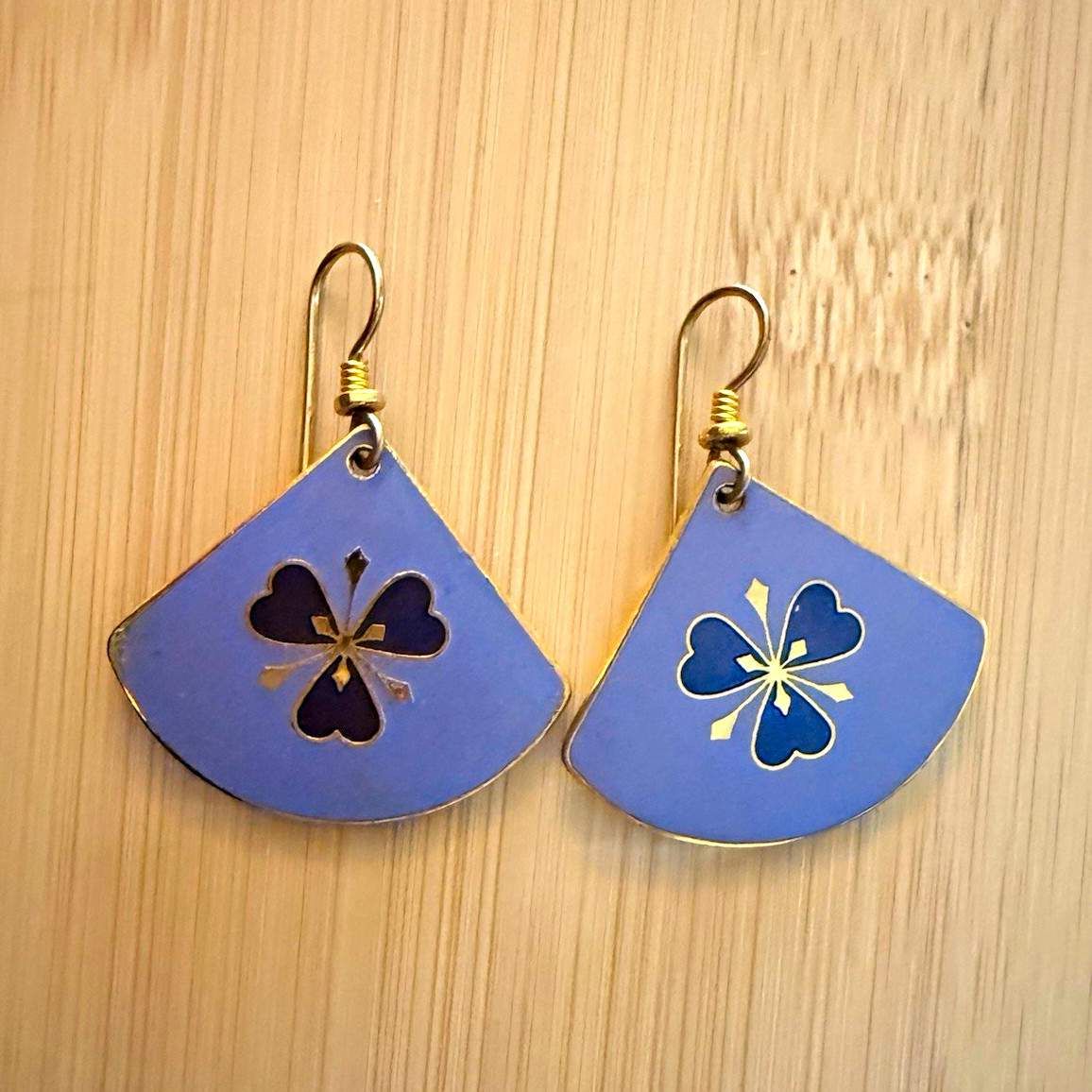 Laurel Burch Signed Blue/Gold Enamel Fan Floral Dangle Hook Earrings 80s