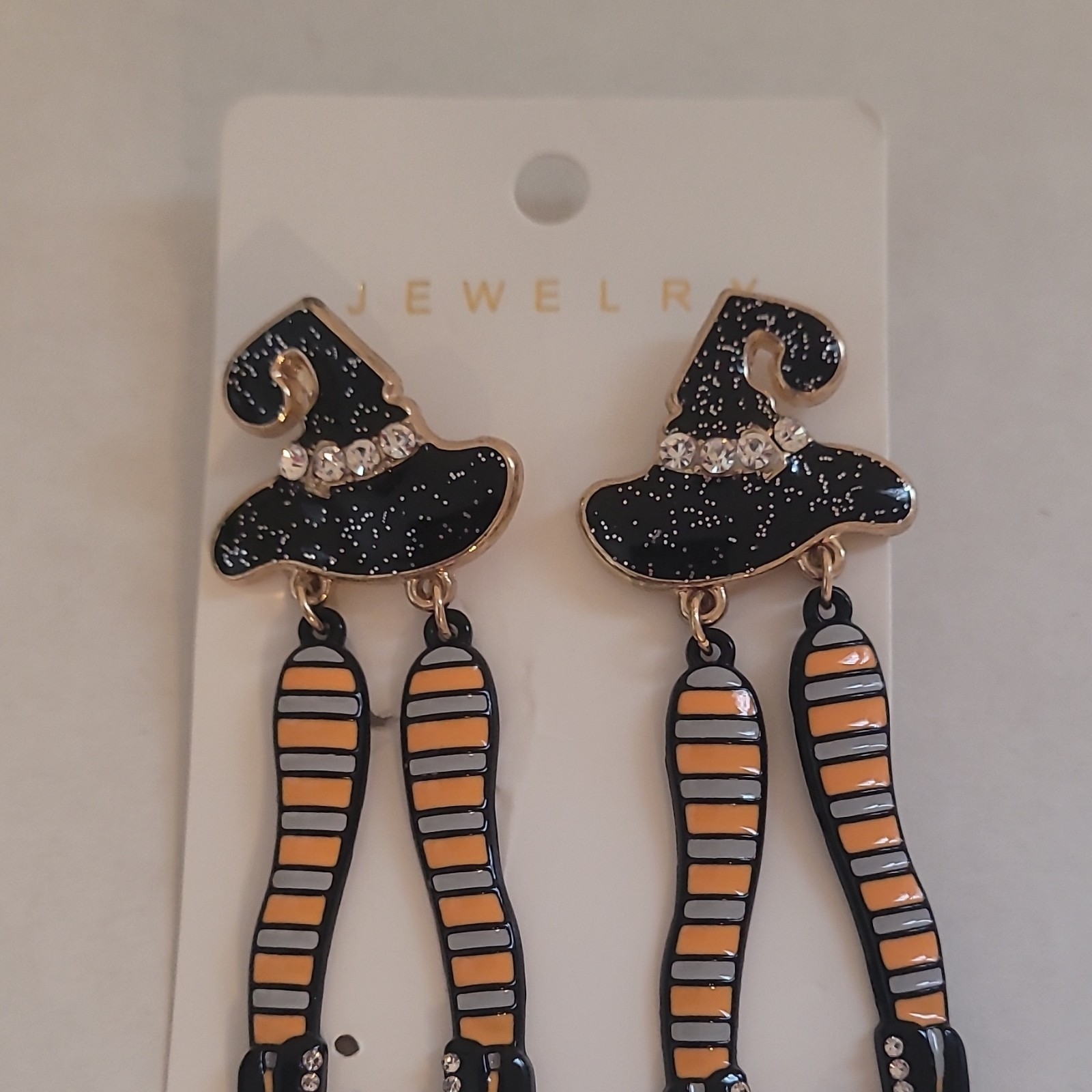 Halloween Witch Hat &Striped Legs Dangle Earrings Black Orange Rhinestone Enamel