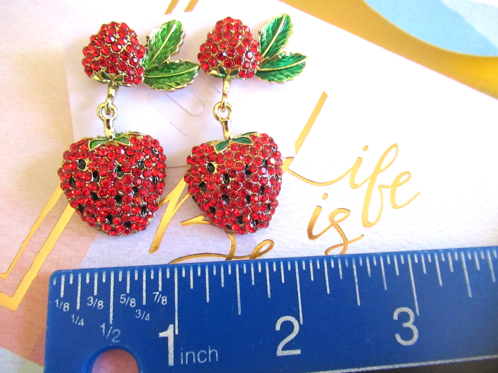 SWEET STRAWBERRY OR CHERRY Rhinestone Strawberries or Cherries Dangle Earrings