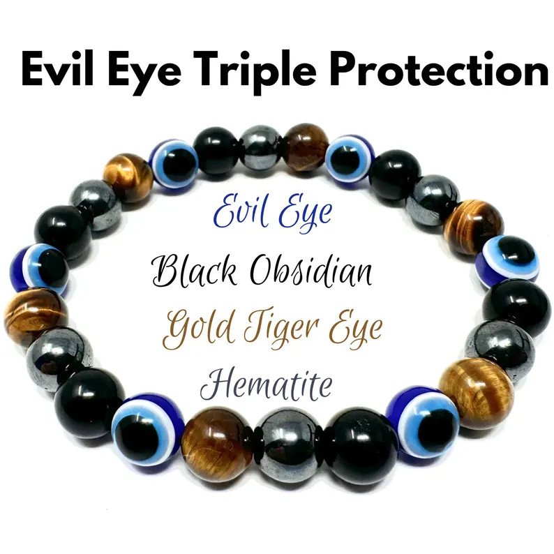 Evil Eye Triple Protection Bracelet Black Obsidian Tiger Eye Hematite Crystal
