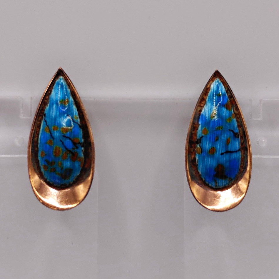 Vintage Matisse Renoir Sari Blue Enamel Copper Clip On Earrings MCM Signed 1950s