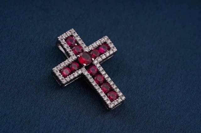 Round Cut Simulated Red Ruby Cross Shape Pendant Chain In 14k White Gold Plated