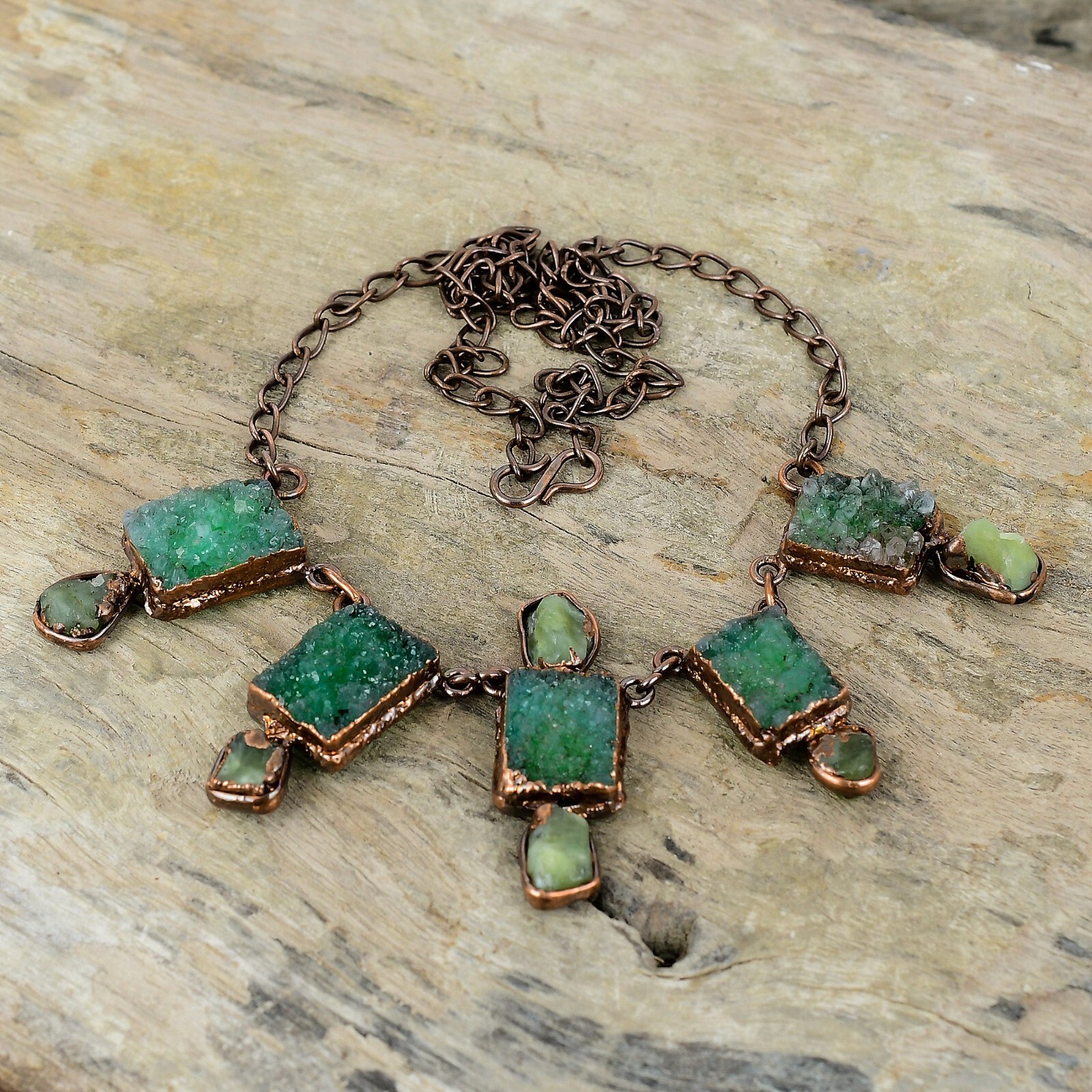 Green Druzy Electroformed Adjustable Necklace Handcrafted Copper Gift 18.0″