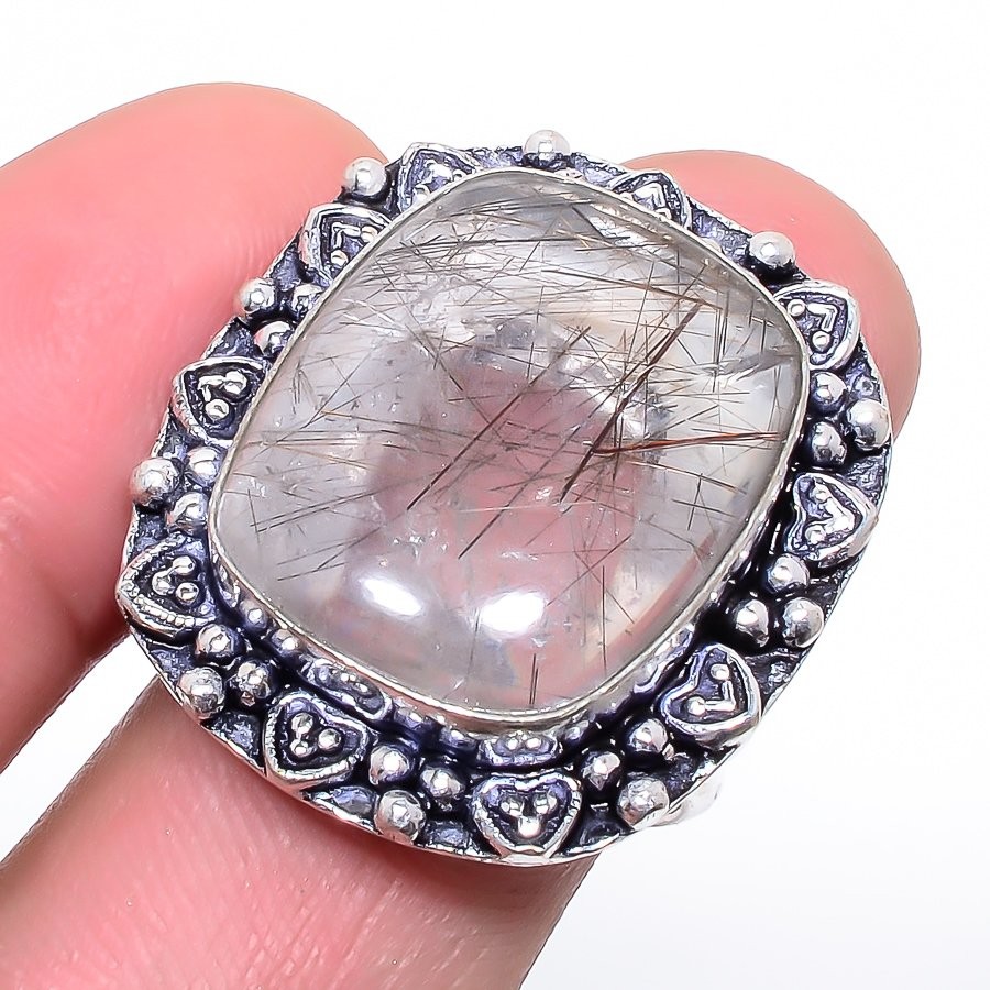 Natural Salt Paper Rutilated Quartz 925 Silver Plated Jewelry Ring s.8.5 S2734