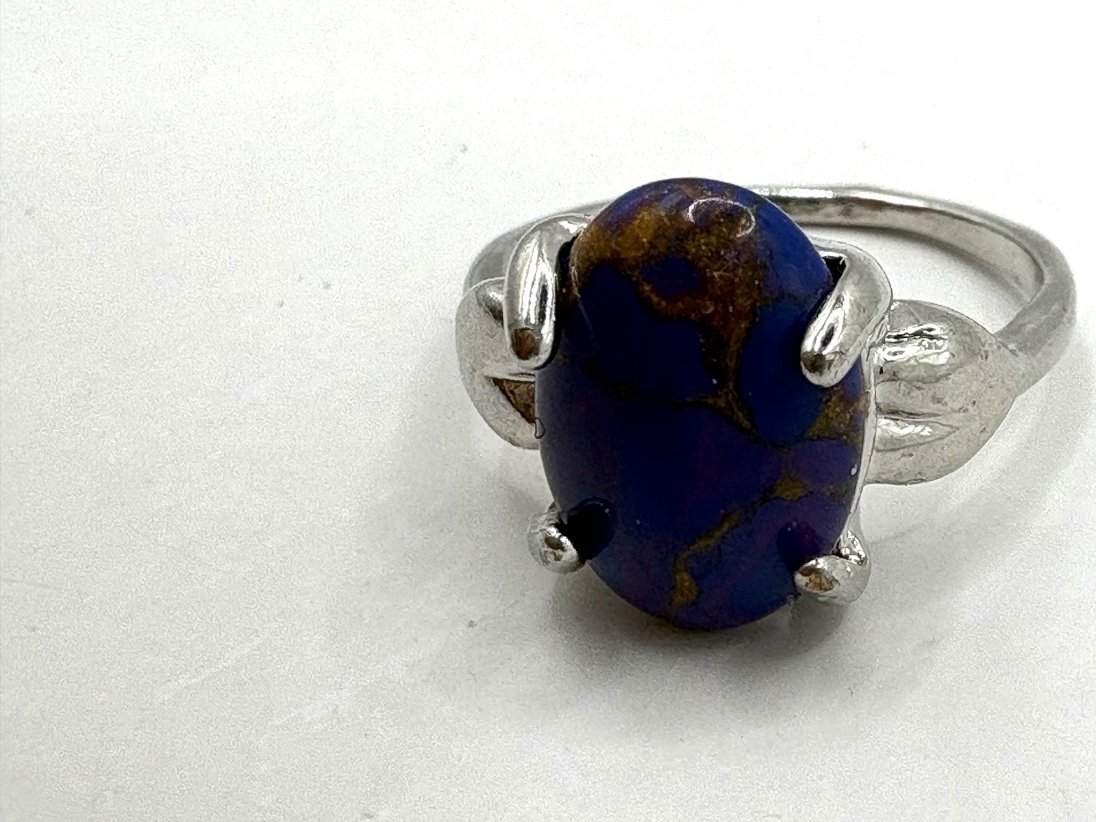 Silver Tone Size 9 Blue & Brown Marbled Cabochon Ring