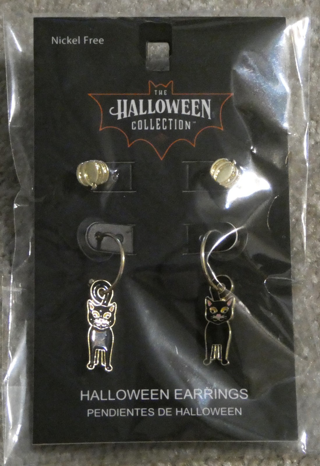 SEALED 2 Halloween Collection Earrings Set Dangling Black Cat Stud Post Pumpkin