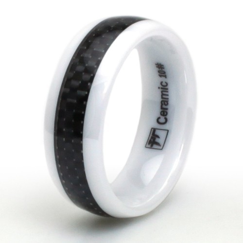 Classic White Ceramic Dome Black Carbon Fiber Center Wedding Band, Size 10-12
