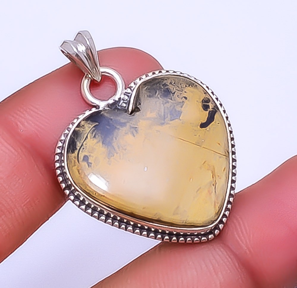 Honey Dendritic Opal – Mexico 925 Sterling Silver Pendant 1.56″ P12 Gift for her
