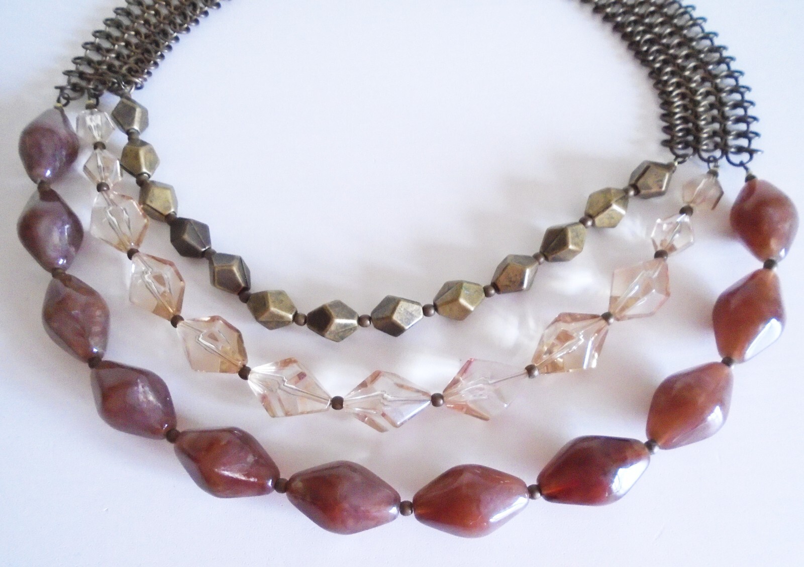 Jaeger Three Strand Statement Necklace dark gold chains brown stones vgc signed