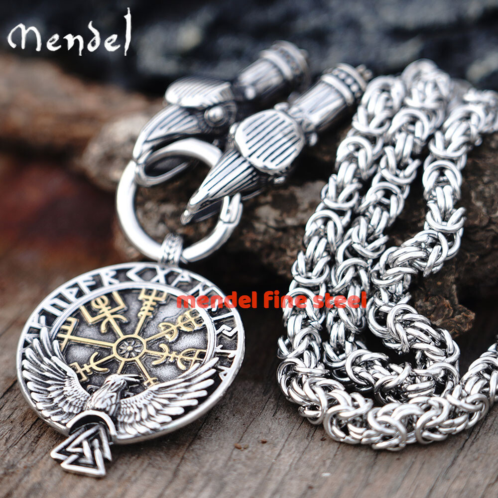 MENDEL Stainless Steel Mens Norse Viking Raven Vegvisir Pendant Necklace For Men
