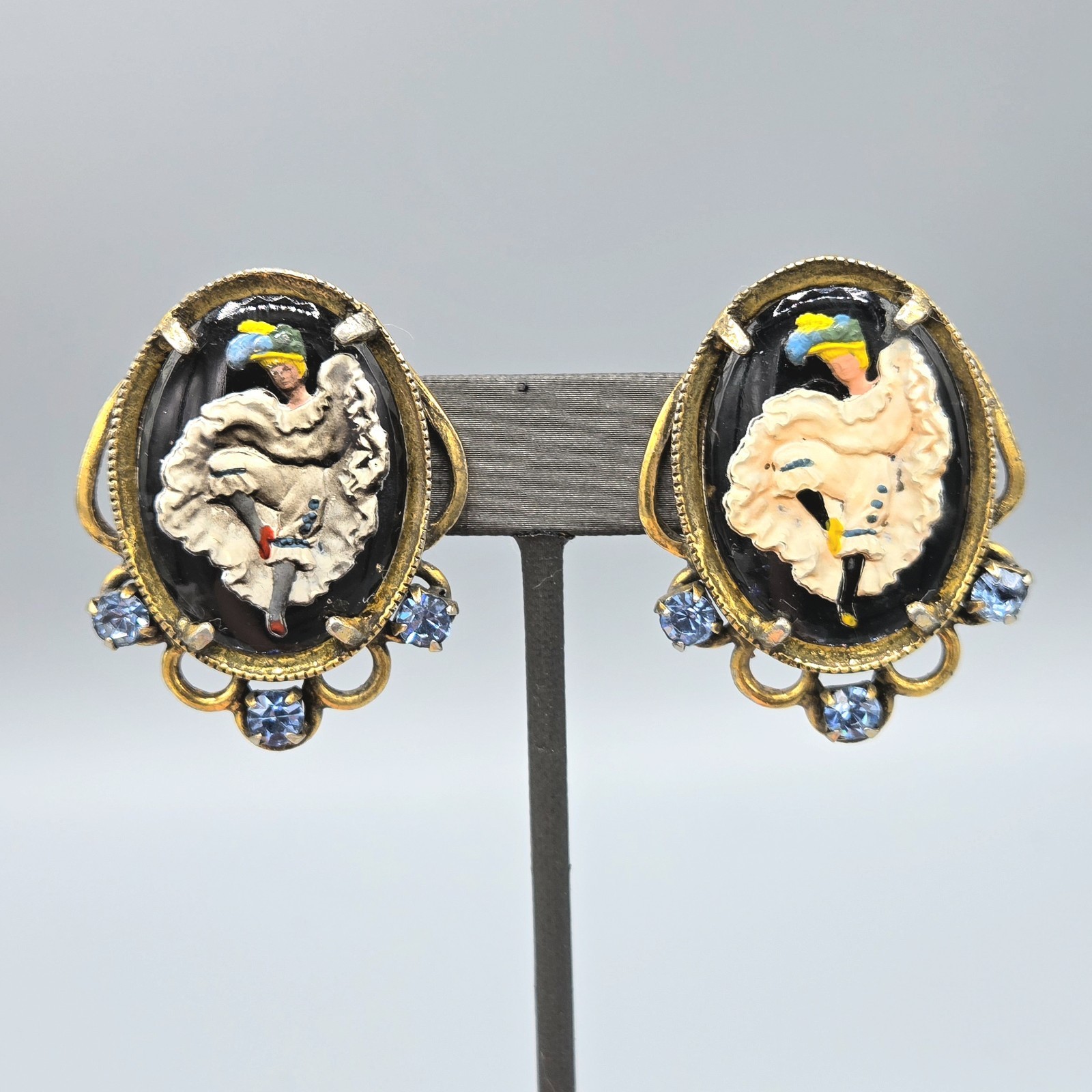 Vintage Can-Can Dancer Intaglio Reverse Paint Glass Panel Link Bracelet Earrings