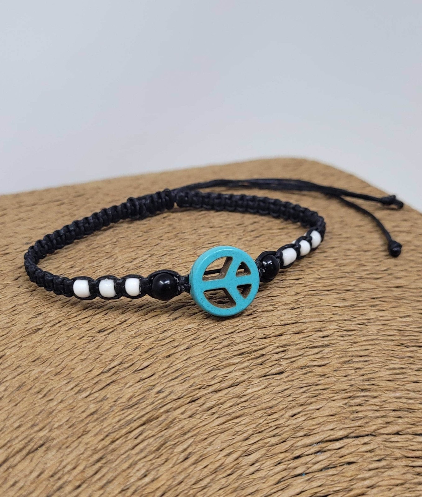 Peace Bracelet Adjustable Black Cord Turquoise Howlite Charm Handmade Unisex