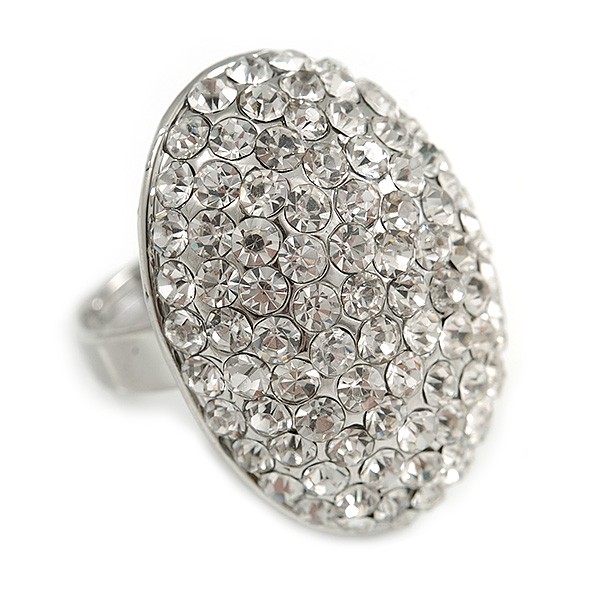Oval Dome Shape Clear Crystal Ring In Silver Tone Metal – 30mm Long – 7/8 Size