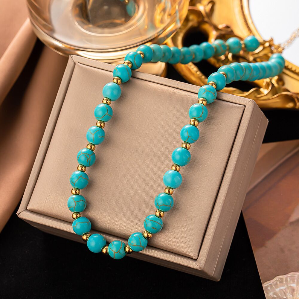 Women 18k Gold Plated 3 Shapes Simulated Turquoise Beaded Ball Chain Necklace