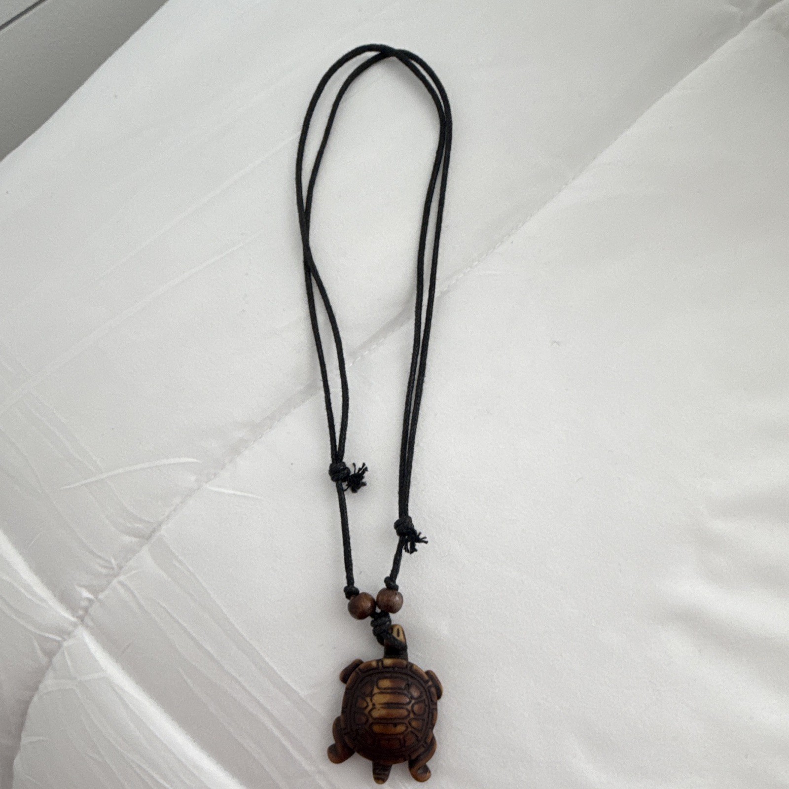 Adjustable Black Cord Beaded Necklace with Brown Wood Turtle Charm Pendant