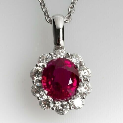 2.00Ct Oval Cut Red Ruby & Diamond Halo Pendant 14k White Gold Finish Free Chain