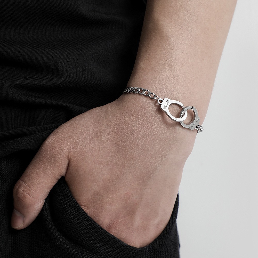 Steel Gray Handcuff Pendant Bracelet FREEDOM Engraved Link Chain Minimalist 1 Pc