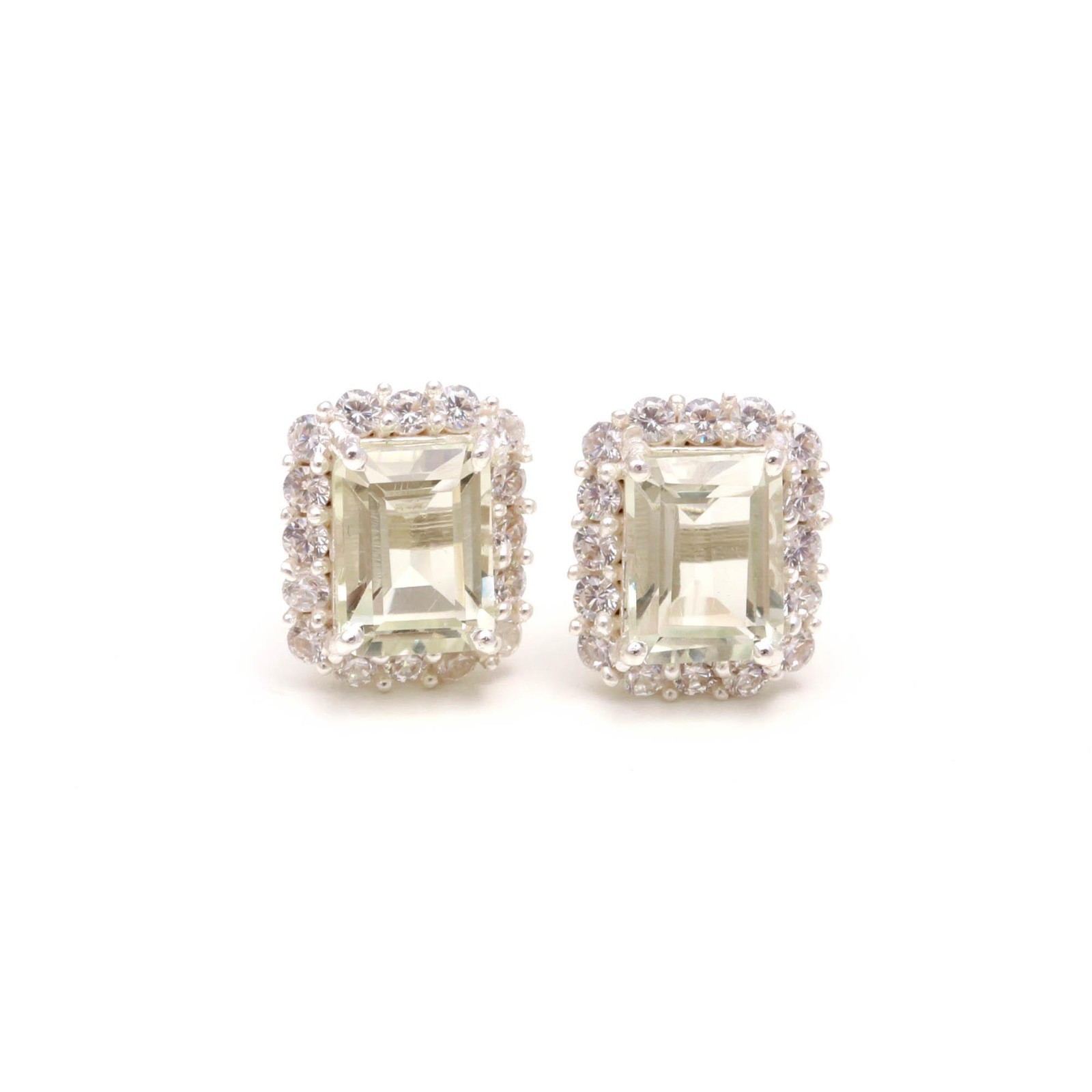 Natural Green Amethyst Octagon Stud Earrings Solid Silver Moissanite Jewelry