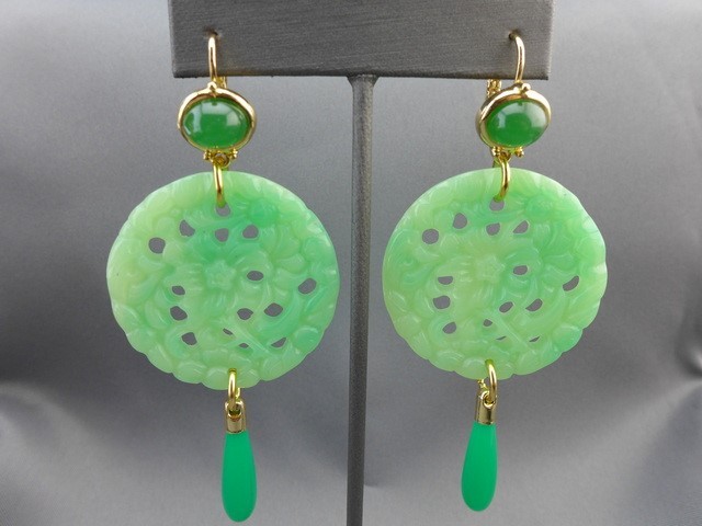 Kenneth Lane KJL COUTURE Asian Carved Green Jade Statement Drop Earrings 3-1/2″