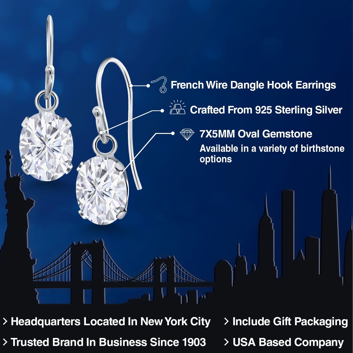 925 Sterling Silver Zirconia French Wire Dangle Hook Earrings For Women (3.00