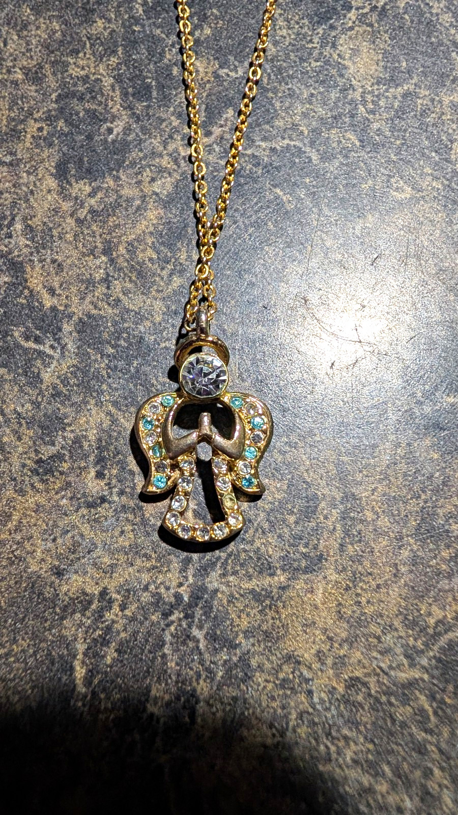 Gold Tone Cross Charm Pendant Necklace, Clear Rhinestone & Opal Cable Chain