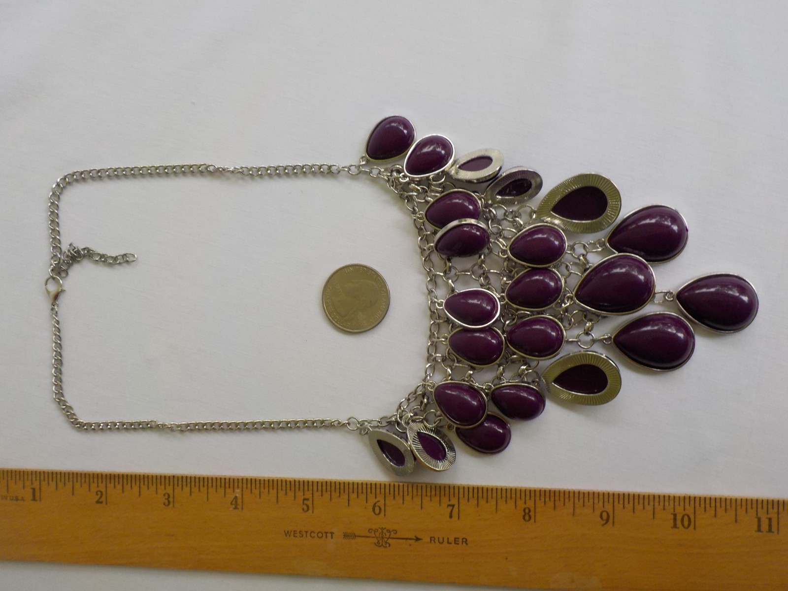 Teardrop Layered Necklace Silver Tone Metal Plastic Plum