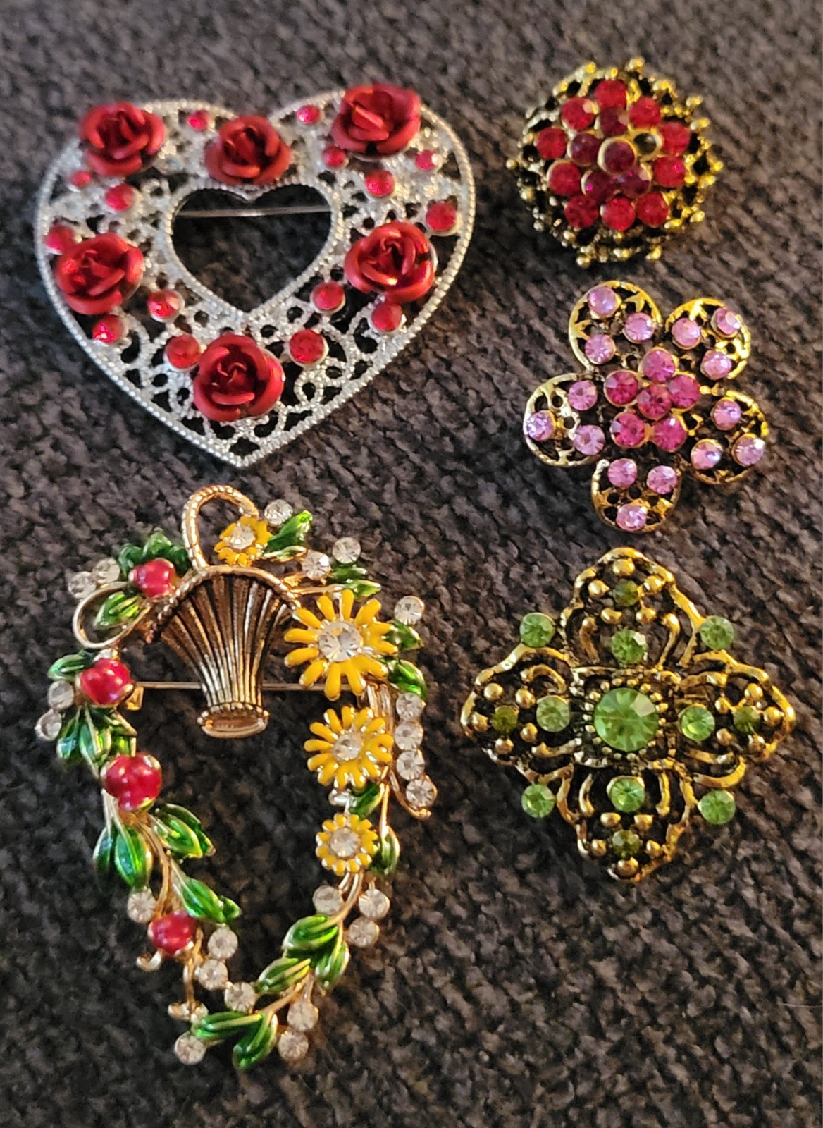 Multicolor Rhinestone Flower Heart Brooch Lot All Occasion Jewelry Lot CA E207